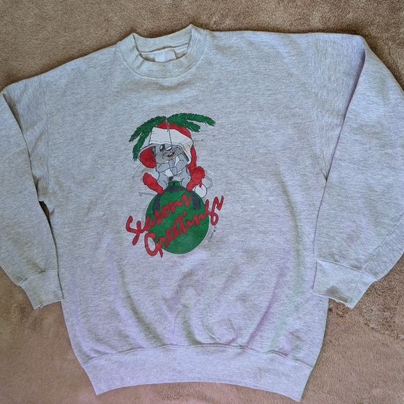 Vintage 90s Christmas Sweatshirt - “Season’s Greetings” - Made in USA - Size L - Picture 1 of 4